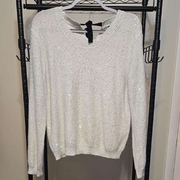 a.n.a Sweaters - a.n.a White Sequin Knit Sweater Bow Detail In Back